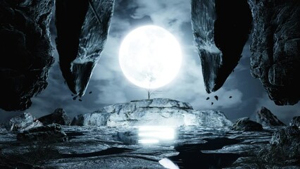 full moon on a deserted area in fantasy style The lonely rocky mountain was desolate, with huge boulders floating in the air. There was water on the ground reflecting the moon. 3D Rendering - Powered by Adobe