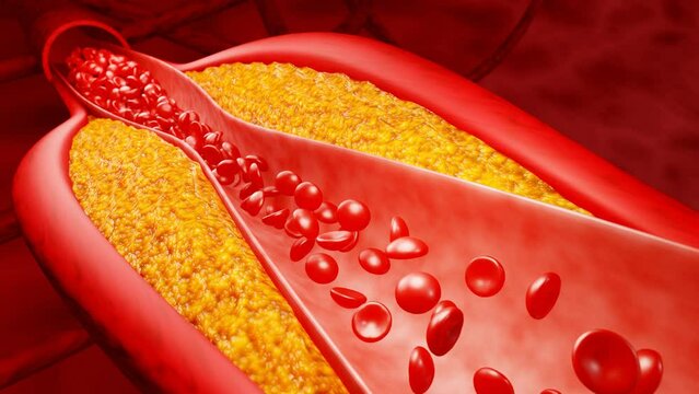 Hyperlipidemia or arteriosclerosis. Blocked artery concept and human blood vessel as a disease with cholesterol fat buildup clogging. Clogged arteries, Cholesterol plaque in the artery. 3D Rendering