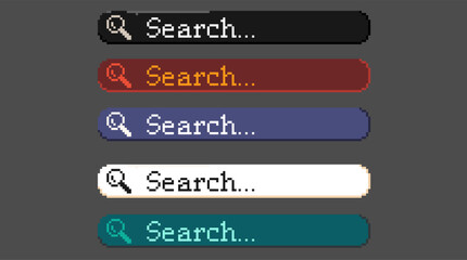 Pixel art of Search button with magnifying glass icon, Pixelated asset sets of black,red,bue,white,and green search button. 8bits simple pixel, usefull for game asset or design asset.