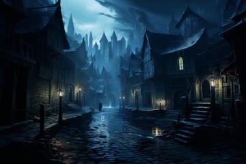Scary halloween empty street at midnight in abandoned medieval town. Created using generative AI