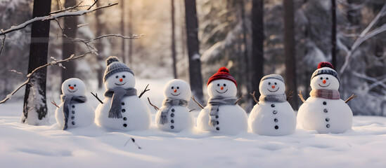 Group of snowman standing with hats and scarves on their heads and scarfs around their necks in winter forest