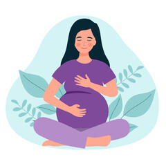 Pregnant woman doing respiratory breathing exercise in flat design. Deep exhale and inhale. Healthy yoga and relaxation, keep calm.