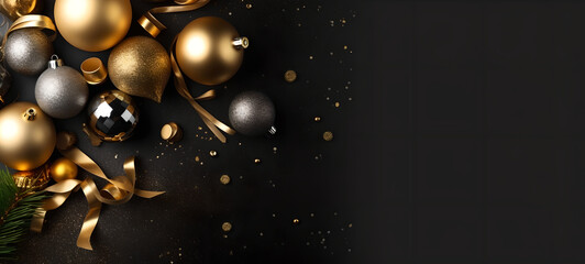 New years eve decoration with golden silver bubbles on dark background with copy space