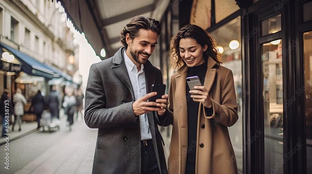 Wall mural Portrait of happy man and woman smiling watching smartphone in a city street. Happy young couple having fun and laughing with a smartphone