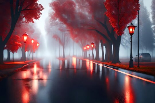 An empty illuminated country asphalt road through the trees and village in a fog on a rainy autumn day, street lanterns close-up, red light. Road trip, transportation, communications driving 3d render