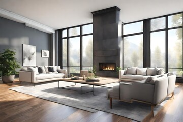 Beautiful living room interior with hardwood floors and fireplace in new luxury home. Large bank of windows hints at exterior view 3d rendering