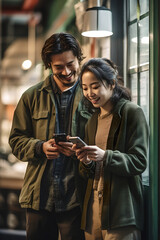 Portrait of happy man and woman smiling watching smartphone in a city street. Happy young couple having fun and laughing with a smartphone