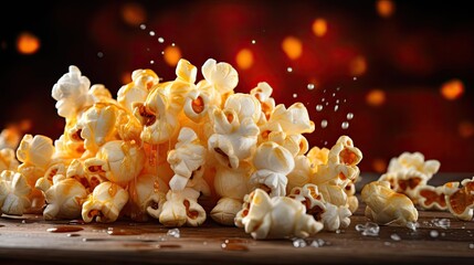Realistic Savory salty crispy popcorn with a blurry and cinematic background