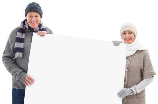 Digital png photo of happy caucasian couple in winter clothes holding sign on transparent background