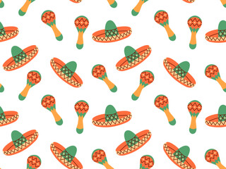 Seamless pattern of Mexican holiday attributes for maracas festive card. Traditional Latin musical instruments.