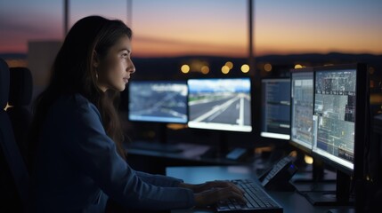 Woman working as air traffic controller in airport control tower, Generative AI