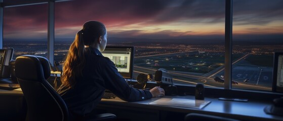 Woman working as air traffic controller in airport control tower, Generative AI