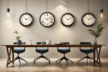 clock on the table Collection of stylish clocks on beige wall.