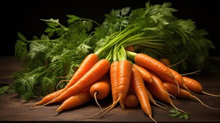 Realistic bunch of fresh carrots on a wooden table on a black background