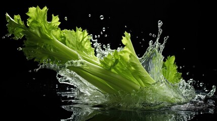 Realistic Fresh green celery exposed to water splash on black background and blur