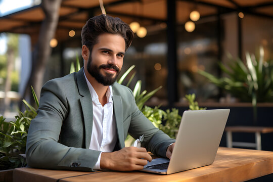 Happy young handsome bearded Latin business man entrepreneur using laptop computer sitting outdoors