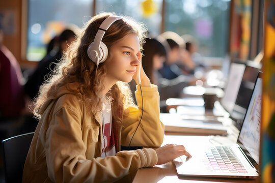 Teen girl student  using laptop watching webinar class using headset in university, studying online
