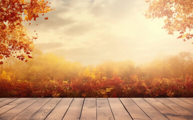 Naklejka na ściany i meble Empty wooden desk with autumn forest background