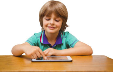 Digital png photo of happy caucasian boy using tablet on transparent background