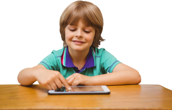 Digital png photo of happy caucasian boy using tablet on transparent background