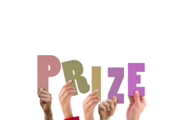 Digital png illustration of diverse hands holding prize word on transparent background