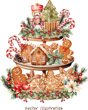ginger bread christmas tiered tray watercolor vector illustration
