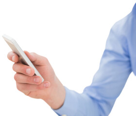 Digital png photo of arm of caucasian man using smartphone on transparent background