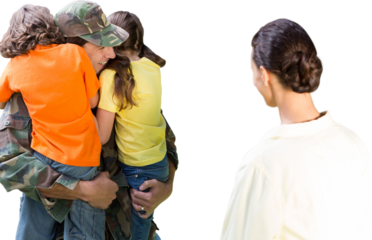 Digital png photo of caucasian soldier father greeting wife and children on transparent background