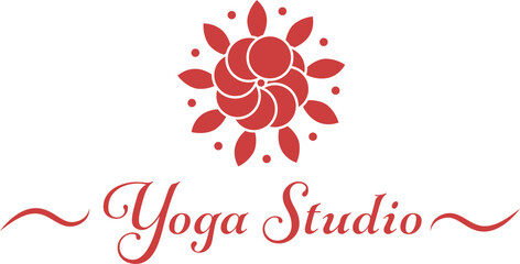 Digital png yoga studio text and flower design in red on transparent background