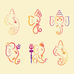 Set of Lord Ganesha Gradient Line Art, Collection For Ganesh Chaturthi Puja Template Design