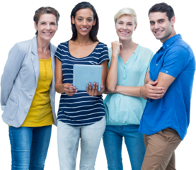 Digital png photo of diverse group of people with tablet on transparent background