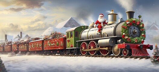 Festive holiday banner adorned with a comical Santa Claus, locomotive, wrapped gift boxes - obrazy, fototapety, plakaty