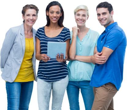 Digital png photo of diverse group of people with tablet on transparent background - Powered by Adobe