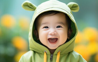 Portrait of happy asian baby in color clothing on color background. created by generative AI technology.