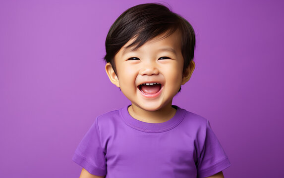Naklejka Portrait of happy asian baby in color clothing on color background. created by generative AI technology.