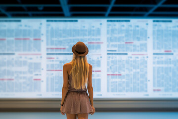 A back view of a young female tourist who is going on a trip on a holiday or vacation is checking the flight time of the plane at the airport for her lover or family on an electric bulletin board. 