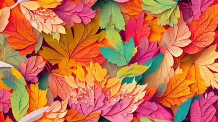 Illustration autumnal autumn - Many floral leaves with gradient, top view, seamless pattern
