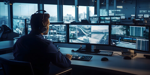 Male Officer Works on a Computer with Surveillance CCTV Video in a Harbour Monitoring Center with Multiple Cameras on a Big Digital Screen. Employees Sit in Front of Displays with Big Data - obrazy, fototapety, plakaty