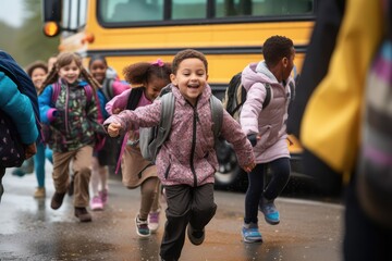 Happy diverse kids boarding school bus in rain with jackets, boots, and backpacks. Photo generative AI - obrazy, fototapety, plakaty