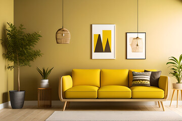 Cozy home interior with wooden furniture on yellow background, empty wall mockup in boho decoration. Side view