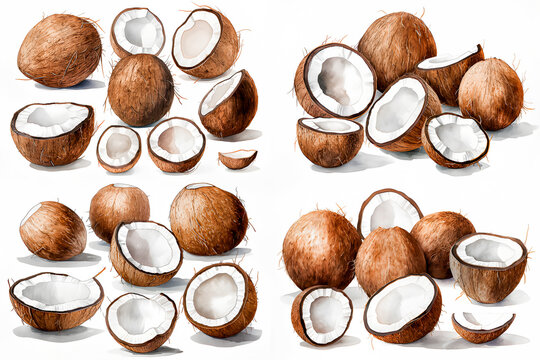 Water color painting Set of coconut contains whole coconut,ripe coconut,half coconut,several ripe coconut on super white background.