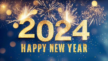 Happy New Year 2024, New Year's Eve firework Sparkler party celebration holiday greeting card with gold year, fireworks and bokeh lights on blue background 