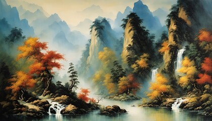 Mountains, forest and river Chinese traditional painting - obrazy, fototapety, plakaty