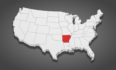 Arkansas State Highlighted on the United States of America 3D map. 3D Illustration