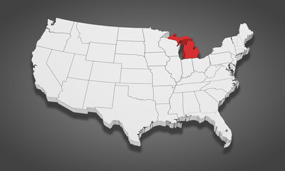 Michigan State Highlighted on the United States of America 3D map. 3D Illustration