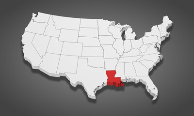 Louisiana State Highlighted on the United States of America 3D map. 3D Illustration