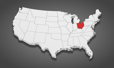 Ohio State Highlighted on the United States of America 3D map. 3D Illustration