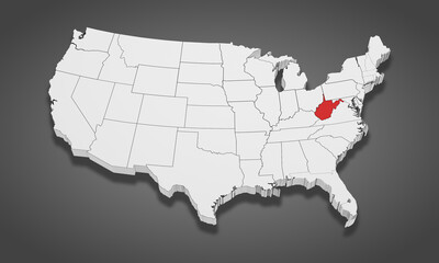 Fototapeta na wymiar West Virginia State Highlighted on the United States of America 3D map. 3D Illustration