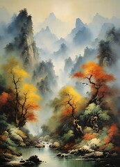 Fototapeta premium Mountains, forest and river Chinese traditional painting
