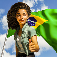 a woman giving a thumbs up in front of a brazilian flag